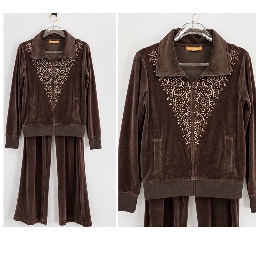 Ellen Tracy Brown Velour Tracksuit Set S Sequin Embellished Y2K Style Wide Leg